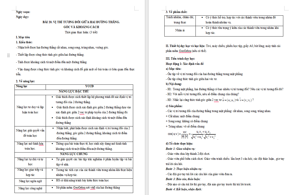 PowerPoint Toán 10 Bài 20: Vị trí tương đối giữa hai đường thẳng Góc và khoảng cách