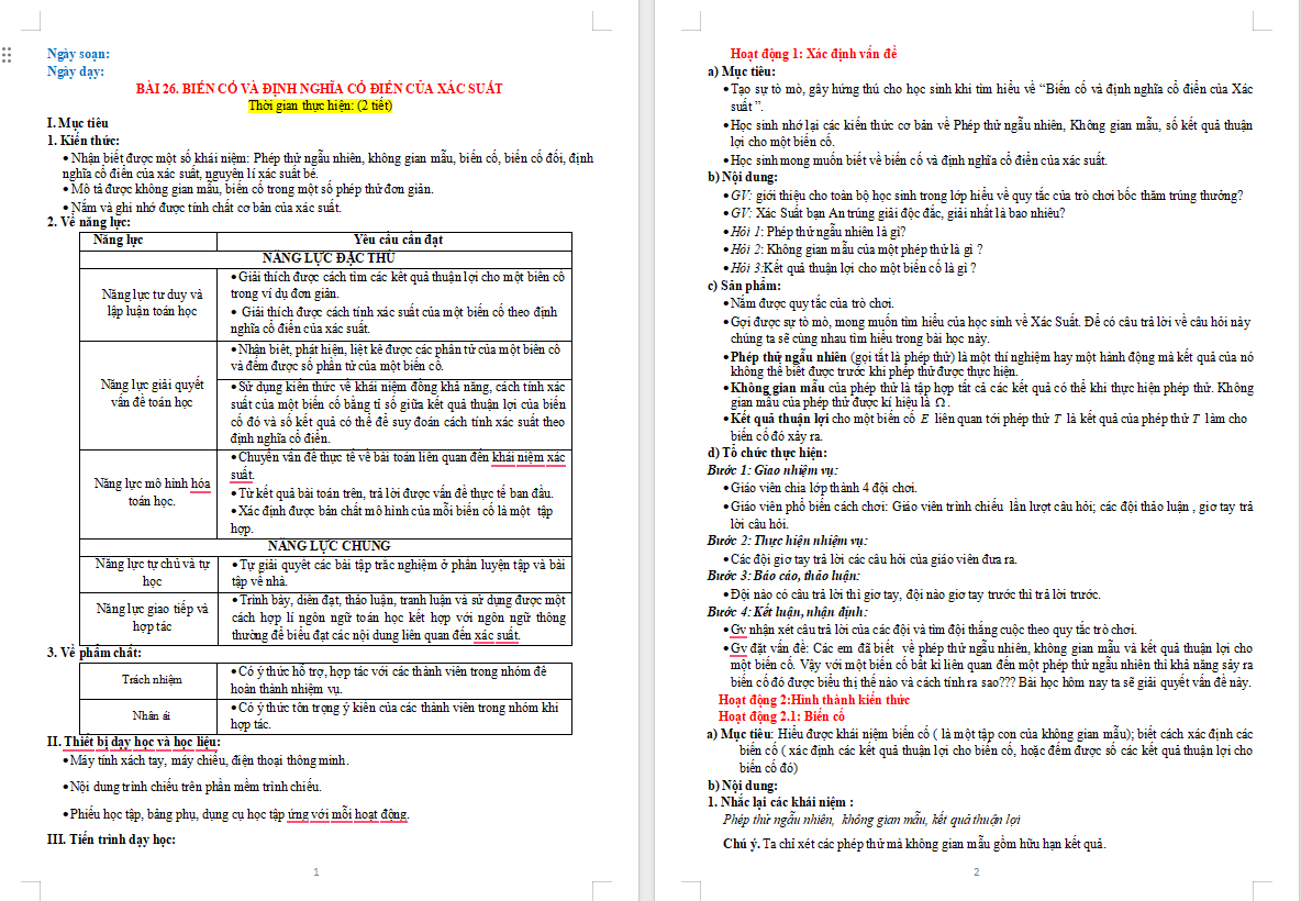 Toán 10 Bài 26: Biến cố và định nghĩa cổ điển của xác suất