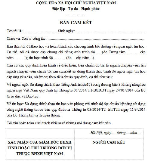 Từ chuyên viên lên chuyên viên chính ngành BHXH Mẫu bản cam kết dự thi thăng hạng viên chức