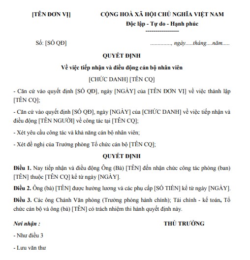 Mẫu quyết định tiếp nhận và điều động cán bộ nhân viên