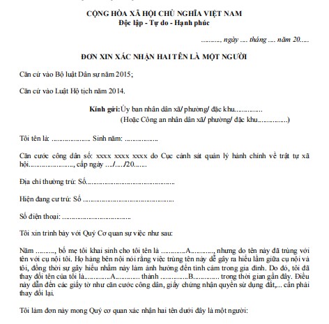 Mẫu đơn xin xác nhận 2 tên là một người