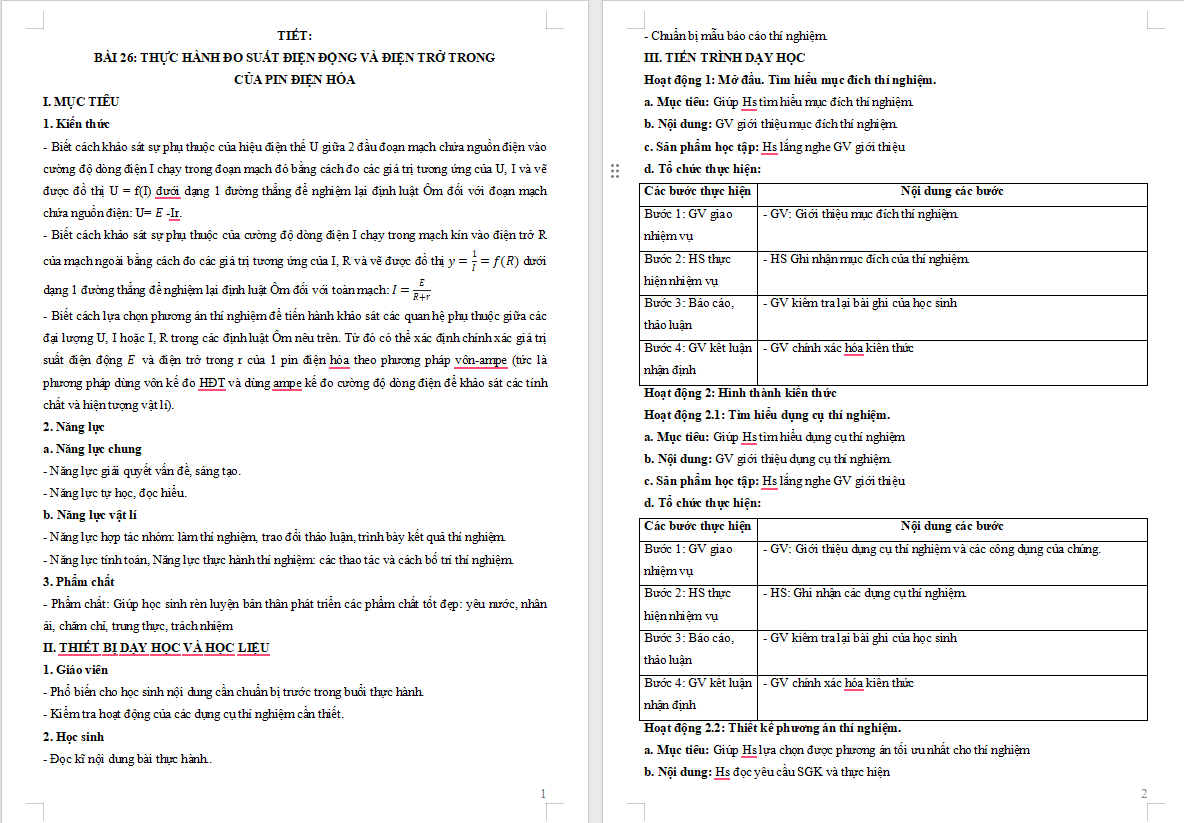 Thực hành Đo suất điện động và điện trở trong của pin điện hoá