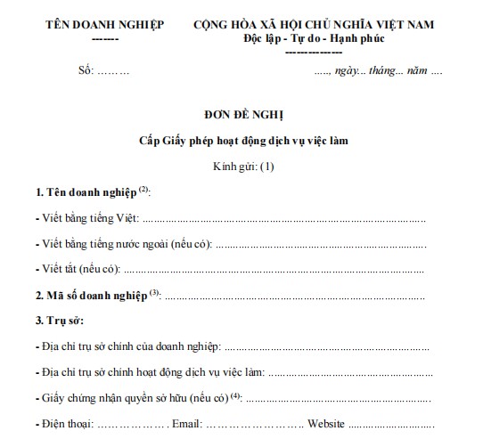 Mẫu đơn đề nghị cấp giấy phép hoạt động giới thiệu việc làm