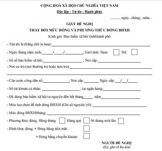 Mẫu giấy đề nghị thay đổi mức đóng và phương thức đóng BHXH