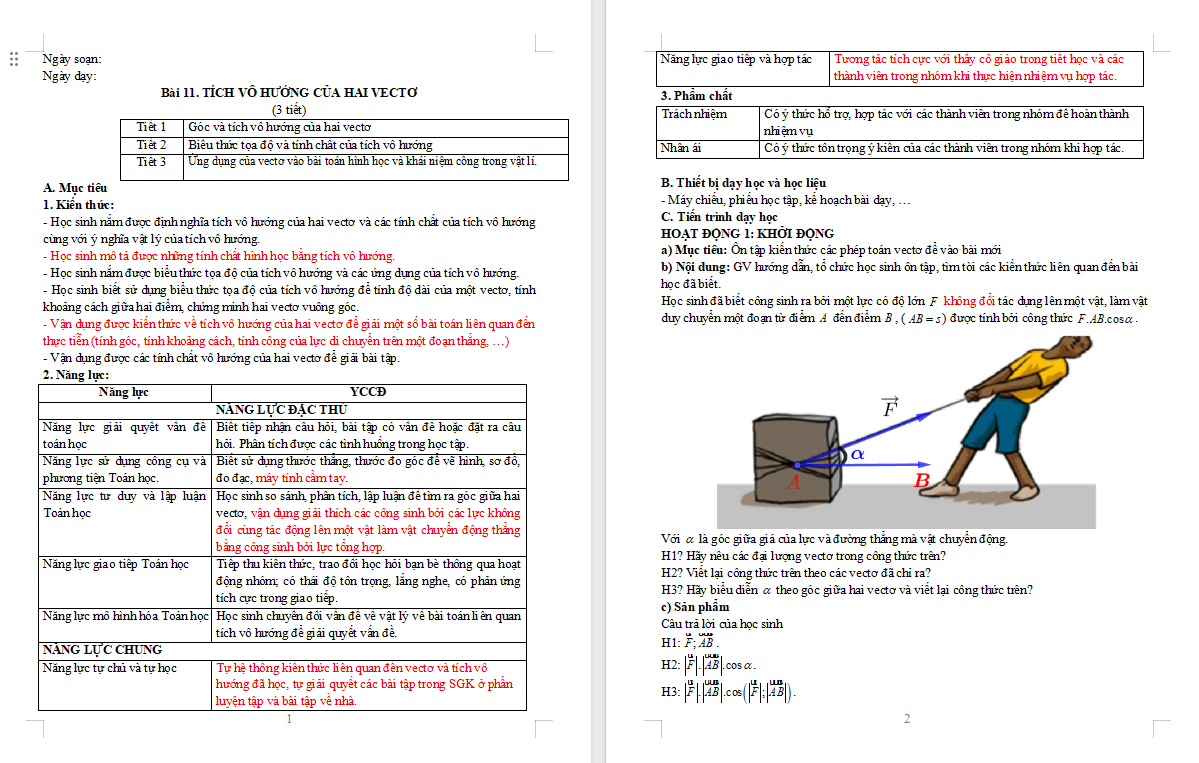 Giáo án Toán 10 Bài 11 Tích vô hướng của hai vectơ