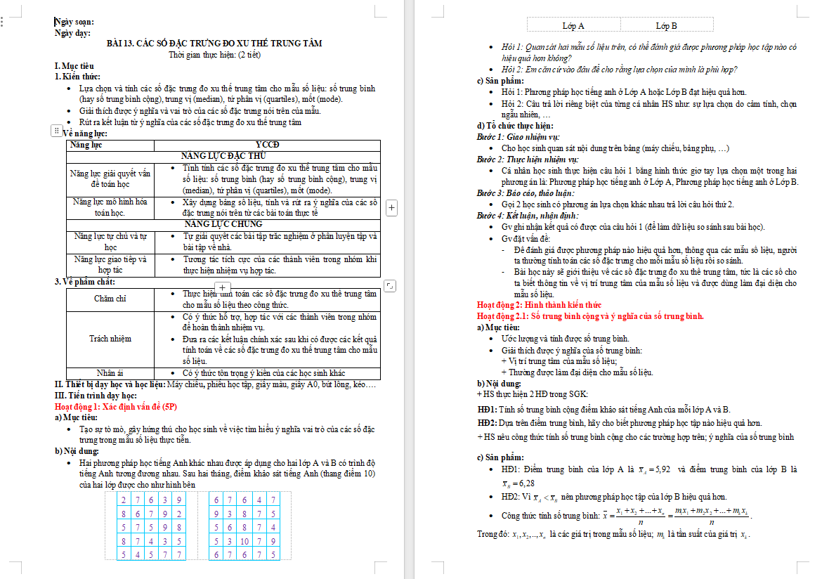 Giáo án Toán 10 Bài 13 Các số đặc trưng đo xu thế trung tâm