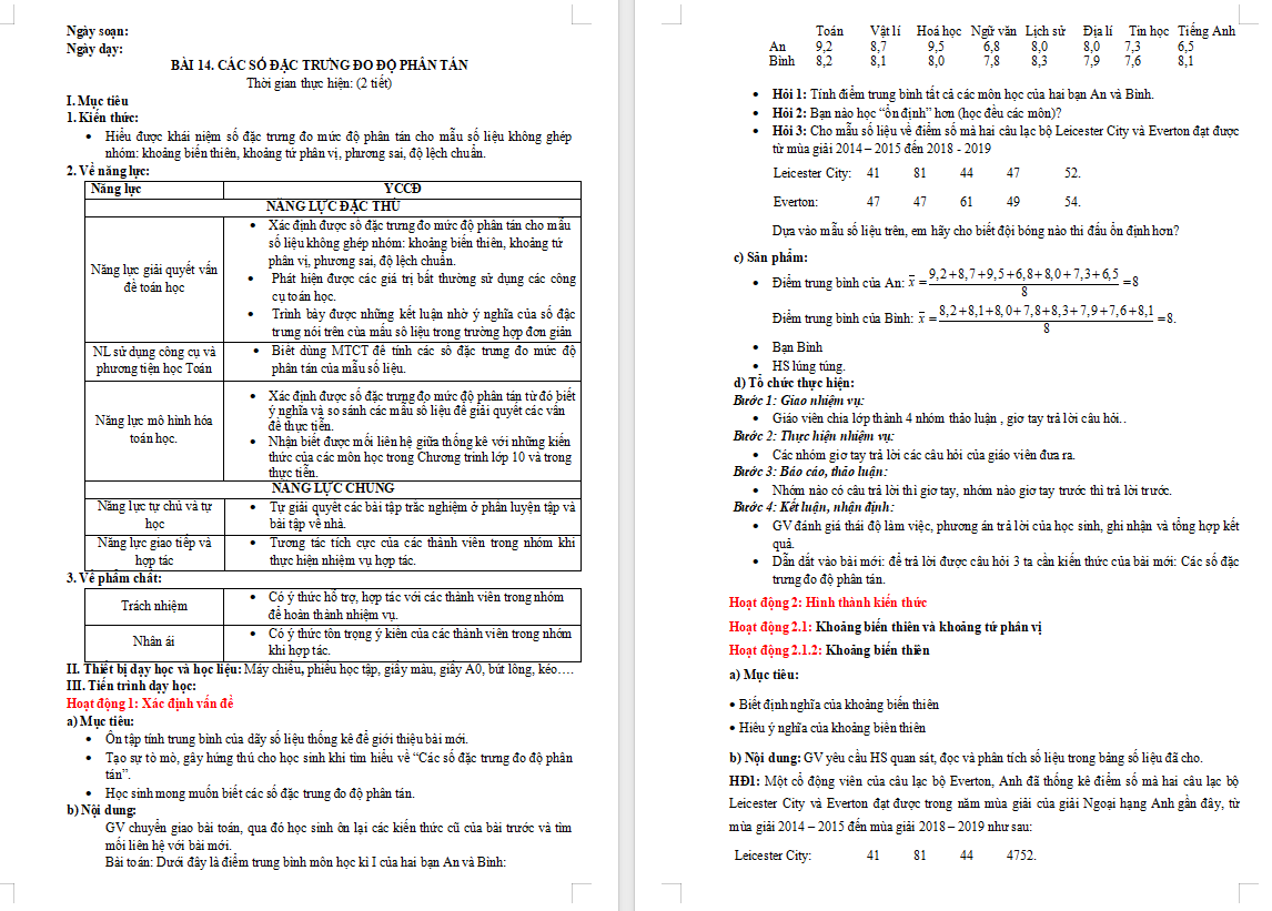 Giáo án Toán 10 Bài 14 Các số đặc trưng đo độ phân tán