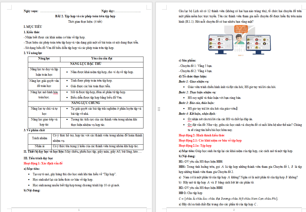 Giáo án Toán 10 Bài 2 Tập hợp và các phép toán trên tập hợp
