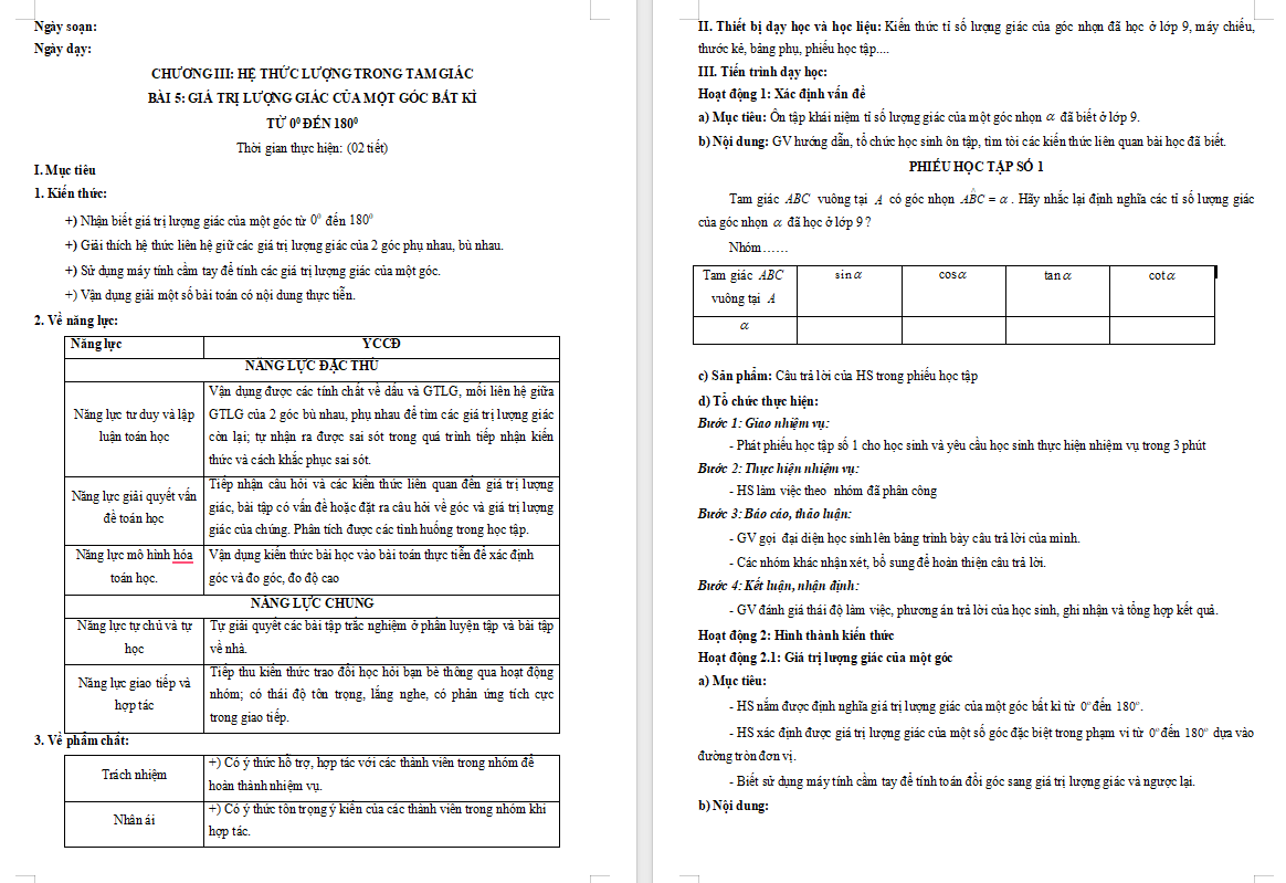 Giáo án Toán 10 Bài 5 Giá trị lượng giác của một góc từ 0° đến 180°