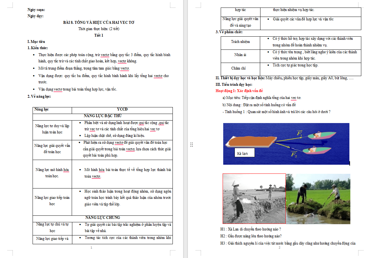 Giáo án Toán 10 Bài 8 Tổng và hiệu của hai vectơ