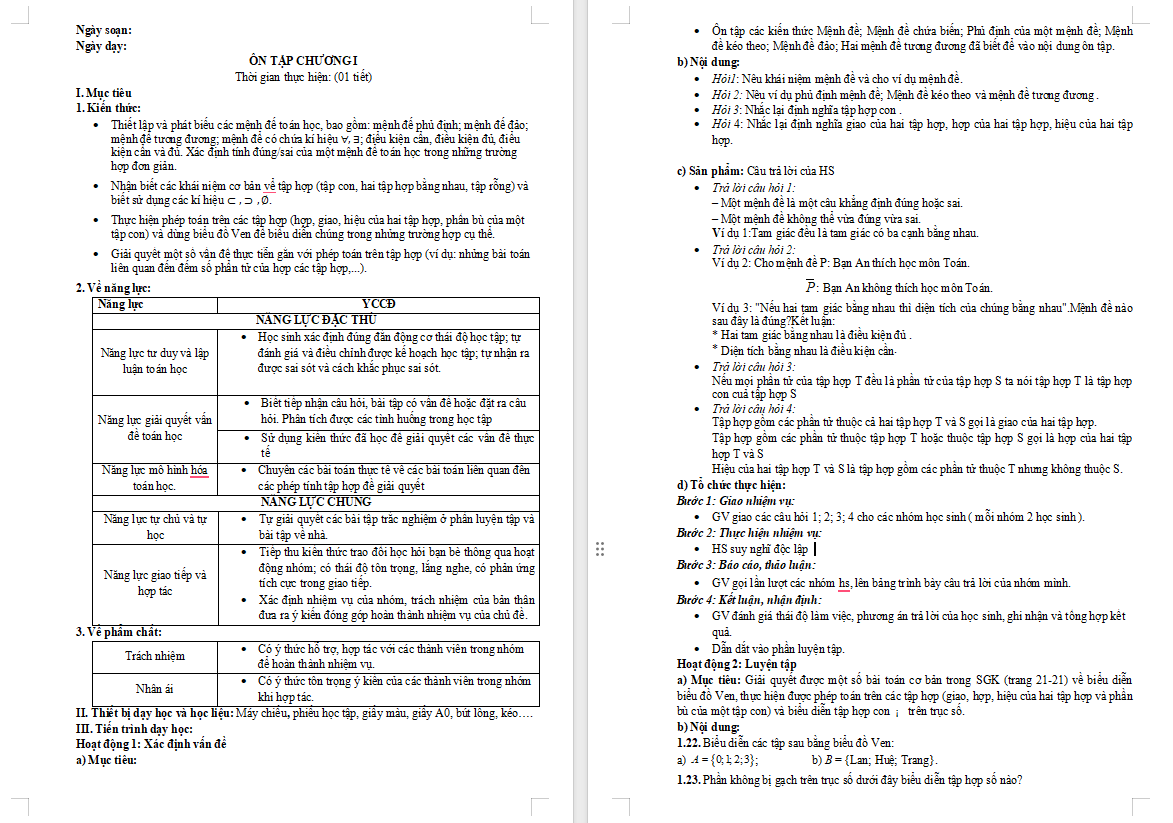 Giáo án Toán 10 Bài tập cuối chương 1