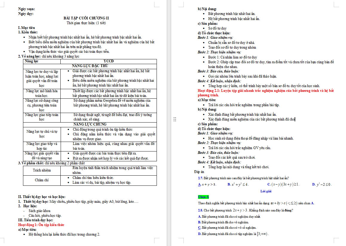 Giáo án Toán 10 Bài tập cuối chương 2