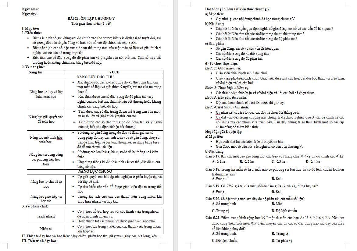 Giáo án Toán 10 Bài tập cuối chương 5