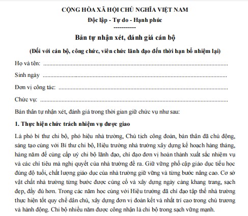 Mẫu bản kiểm điểm bổ nhiệm lại cán bộ quản lý