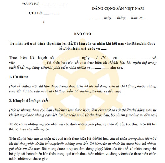 Mẫu báo cáo tự nhận xét Giữ trọn lời thề Đảng viên