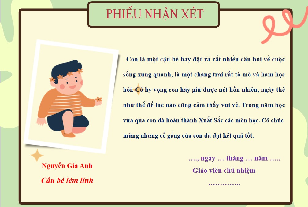 PPt mẫu phiếu nhận xét cuối kì dành cho học sinh tiểu học
