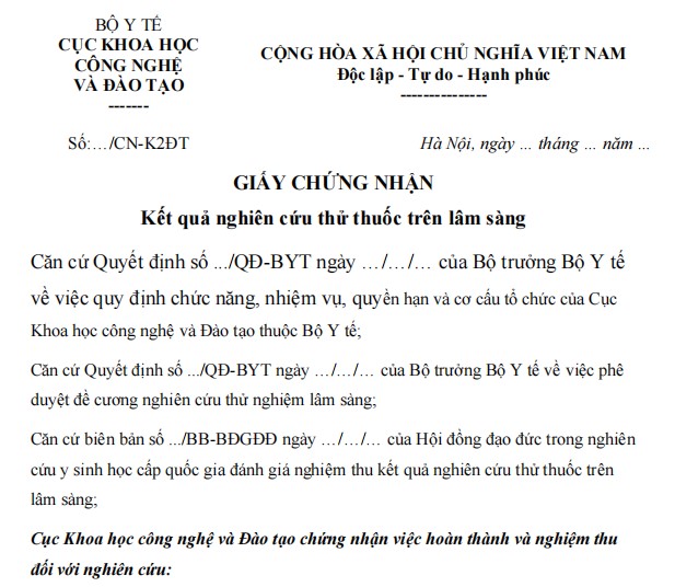 Giấy chứng nhận kết quả nghiên cứu thử thuốc trên lâm sàng