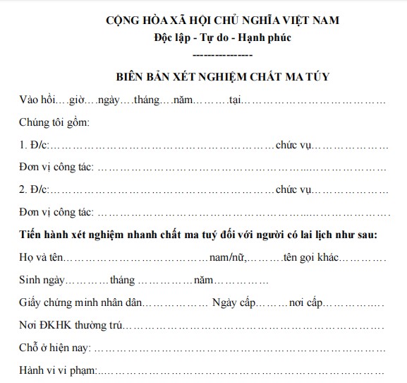 Mẫu biên bản ghi chép xét nghiệm chất ma túy