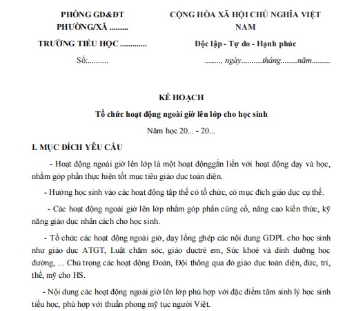 Kế hoạch tổ chức hoạt động ngoài giờ lên lớp tiểu học