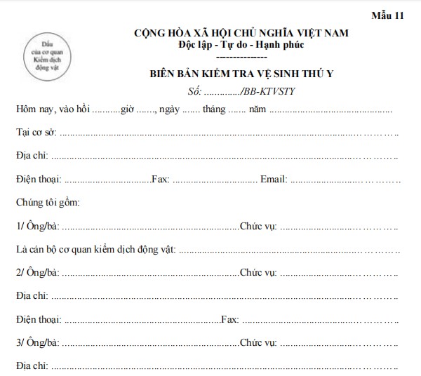 Biên bản kiểm tra điều kiện vệ sinh thú y