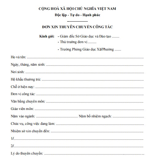 Đơn xin thuyên chuyển công tác