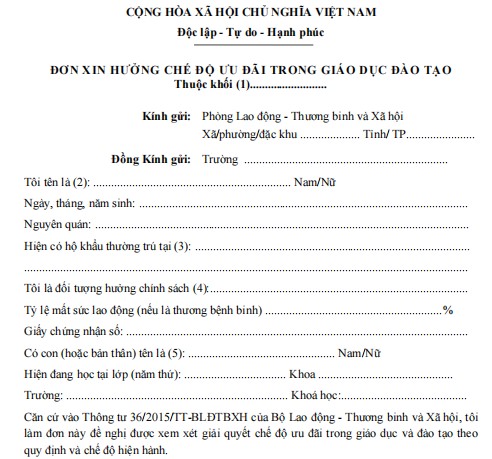 Mẫu đơn xin hưởng chế độ ưu đãi trong giáo dục Mẫu đơn xin hưởng chế độ ưu đãi