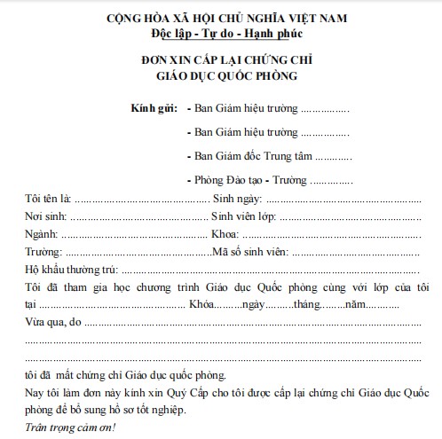 Đơn xin cấp lại chứng chỉ giáo dục quốc phòng
