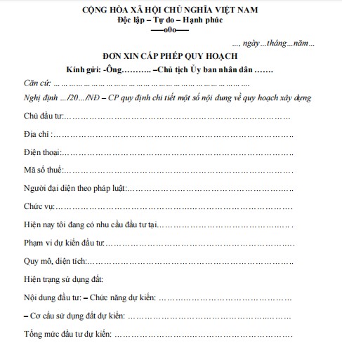 Mẫu đơn xin cấp phép quy hoạch