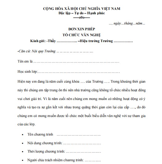 Mẫu đơn xin phép tổ chức văn nghệ