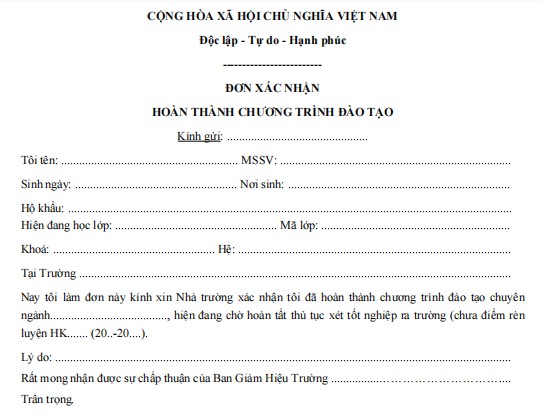 Mẫu đơn xin xác nhận sinh viên hoàn thành chương trình đào tạo