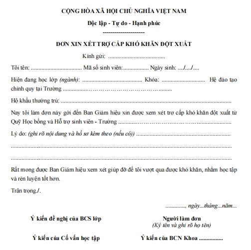 Mẫu đơn xin trợ cấp khó khăn đột xuất cho sinh viên