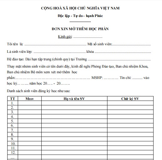 Mẫu đơn xin mở thêm nhóm học phần