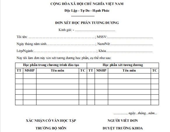 Mẫu đơn xin được xét học phần tương đương