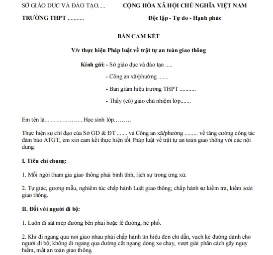 Bản cam kết thực hiện Pháp luật về trật tự an toàn giao thông