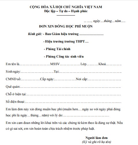 Mẫu đơn xin đóng học phí muộn