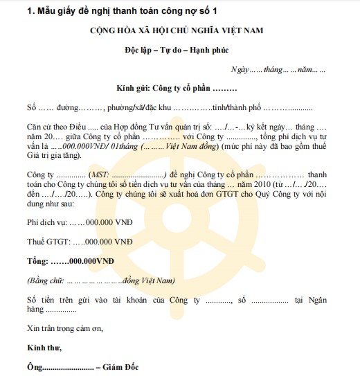 Mẫu giấy đề nghị thanh toán công nợ