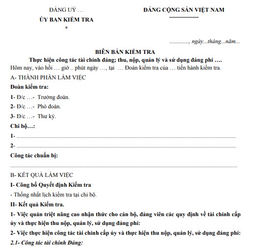 Mẫu biên bản kiểm tra thực hiện công tác tài chính Đảng