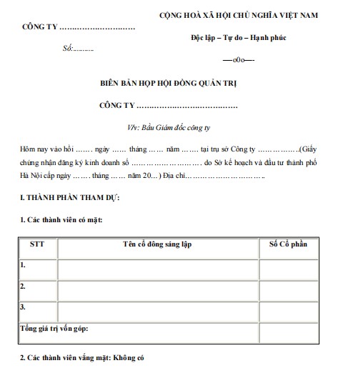 Biên bản họp bầu giám đốc, tổng giám đốc Mẫu biên bản họp bầu giám đốc, tổng giám đốc