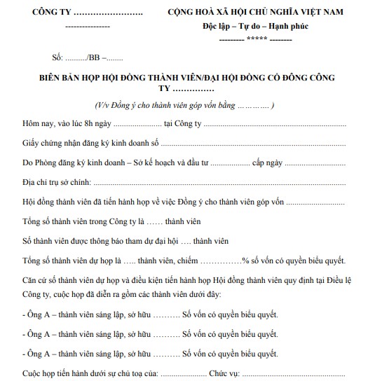 Mẫu biên bản họp đồng ý cho thành viên góp vốn