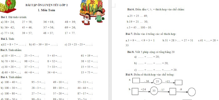 Đề ôn tập Tết môn Toán lớp 2