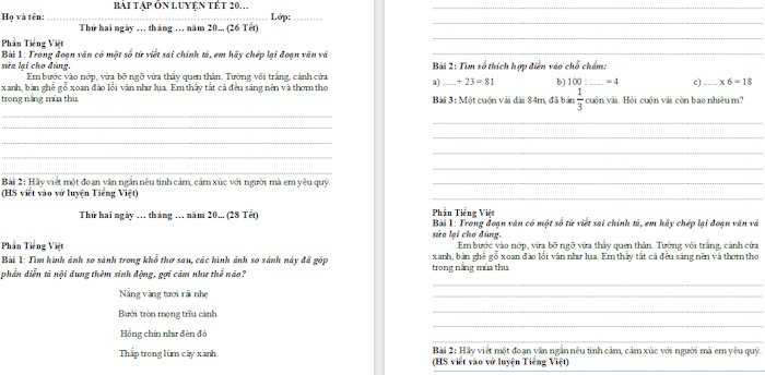 Bài tập Tết môn Tiếng Việt lớp 3