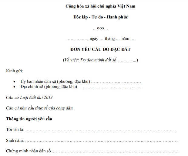 Đơn xin đo đạc lại diện tích đất