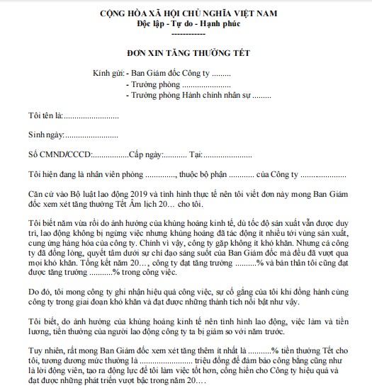 Đơn xin tăng thưởng Tết Âm lịch Nhâm Dần 2022