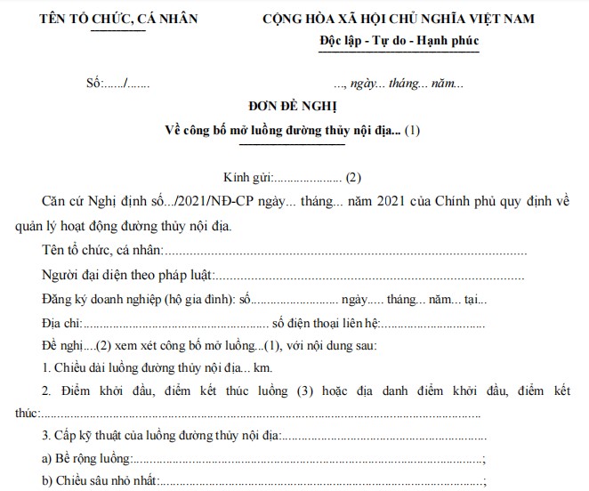 Mẫu đơn đề nghị mở luồng, tuyến đường thủy nội địa mới Đơn đề nghị công bố mở luồng, tuyến đường thủy nội địa