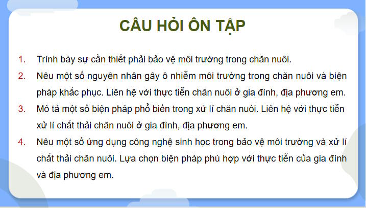 Giáo án Công nghệ Chăn nuôi 11 Ôn tập chương 6