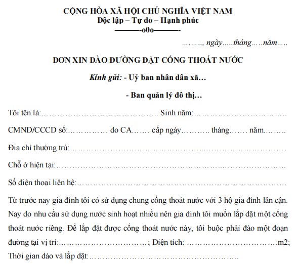 Mẫu đơn xin đào đường đặt cống thoát nước