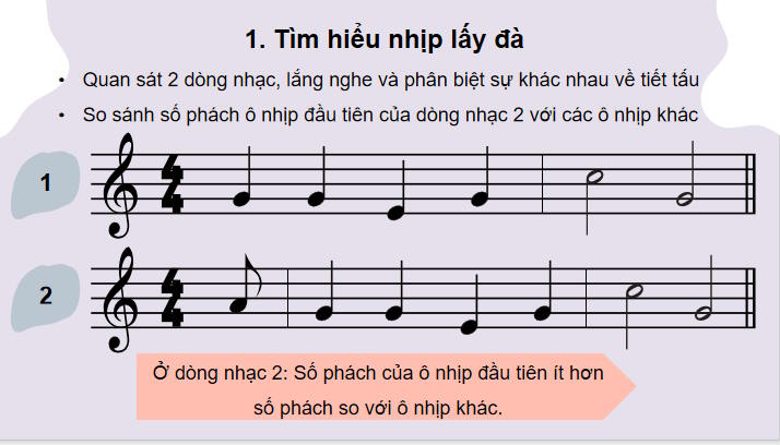 Giáo án Âm nhạc 7 Tiet-2: Lí thuyết âm nhạc - Nhịp lấy đà. Đọc nhạc - Bài đọc nhạc số 1
