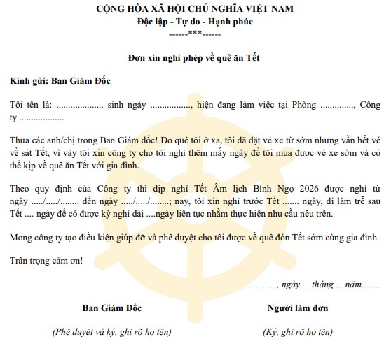Đơn xin nghỉ phép về quê ăn Tết
