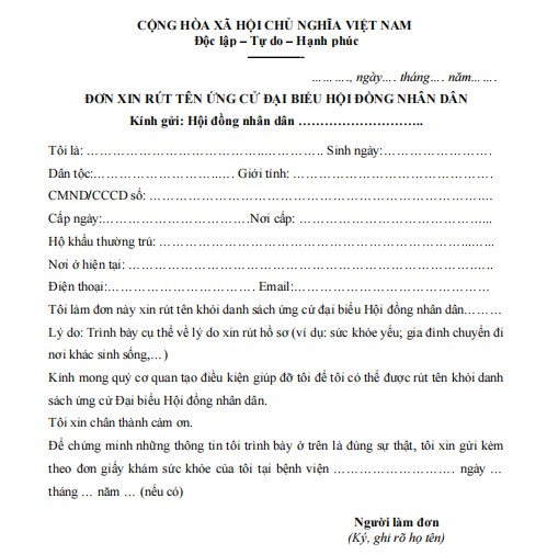 Mẫu đơn xin rút ứng cử đại biểu Hội đồng nhân dân