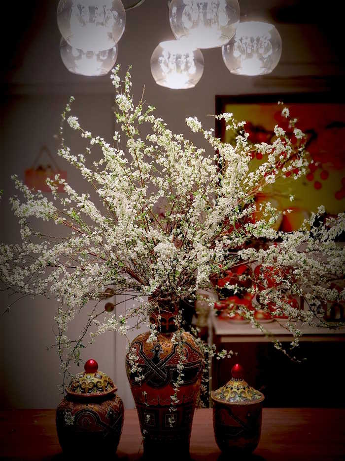 Cắm hoa tuyết mai trong bình gốm màu sắc rực rỡ với dáng tán xòe rộng